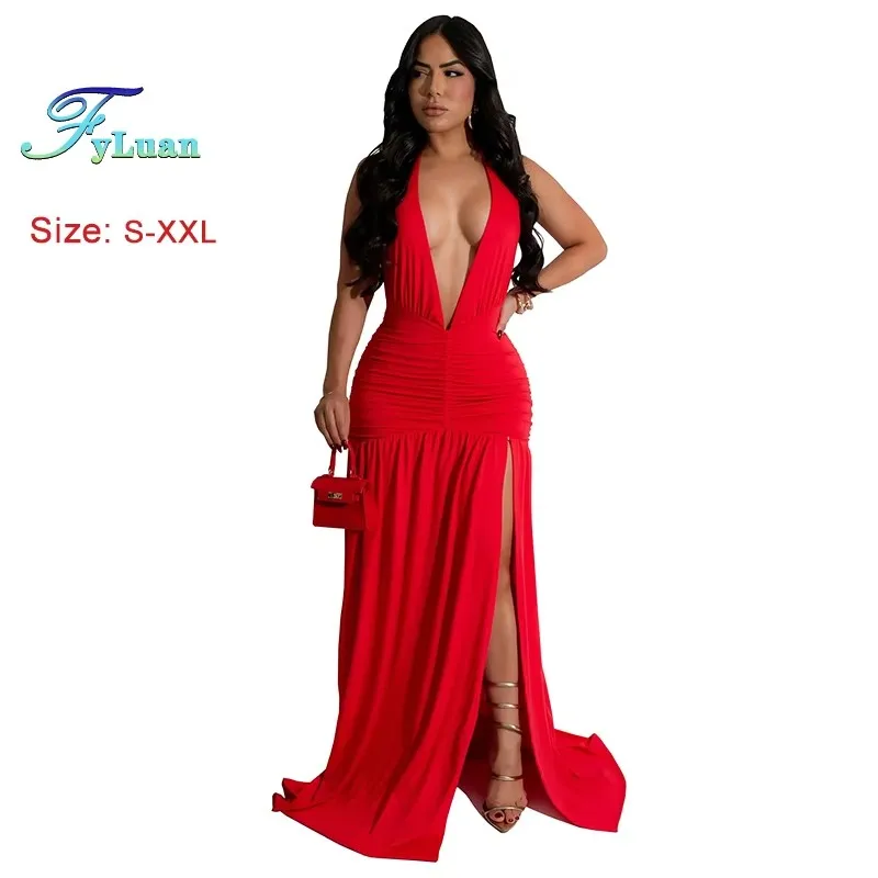 새로운 시즌 핫세일 여성 딥 브이넥 롱 드레스 솔리드 컬러 민소매 사이드 슬릿 러플 플로어 길이 디너 파티 가운