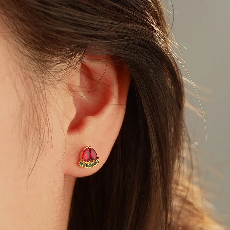Cute 316L Stainless Steel Ear Needle Zircon Stud Earrings Woman Fruit Cherry Grape Sweet Gold Color Small Huggie Daily Jewelry