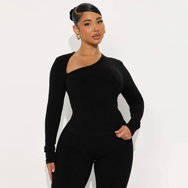 Womdn – ensemble 2 pièces côtelé solide, col en V incliné, T-shirts à manches longues + pantalon crayon taille haute, Slim, costumes Streetwear décontractés