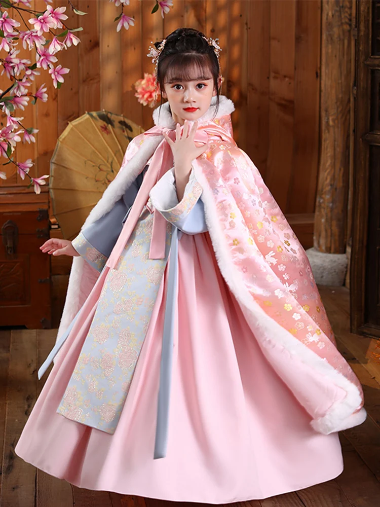 Cape chaude à manches longues pour fille Hanfu, manteau épais, rose à capuche, manteau de Style ancien, vêtements de scène du nouvel an pour enfants, hiver