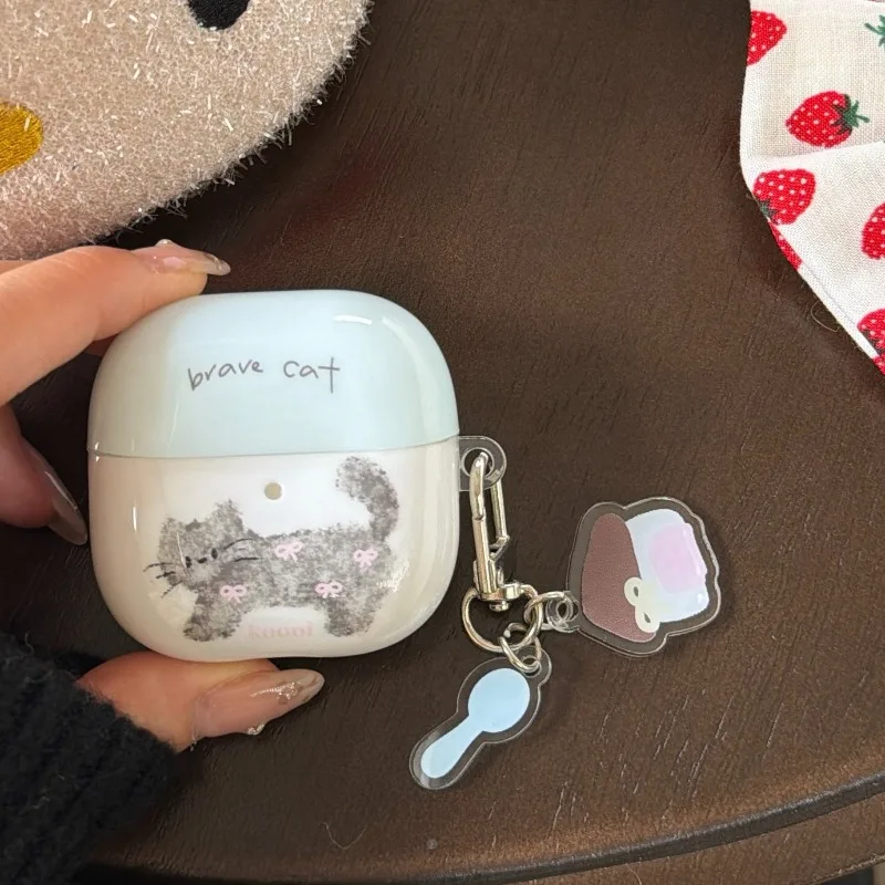 Ins Cute Blue Bow Gray Cat for Huawei FreeClip2 FreeBuds 7i 6i 5i SE3 SE2 Case Headphone Cover Protective Sleeve with Pendant