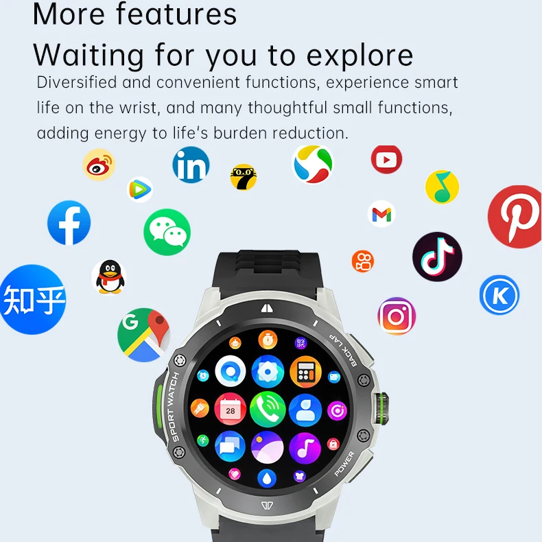 남녀공용 스마트 워치, 4G 통화 스마트 워치, 1.43 인치 AMOLED 스크린, GPS 와이파이 SIM 카드, 2G RAM, 32ROM 심박수 카메라, 스포츠 음악 NFC