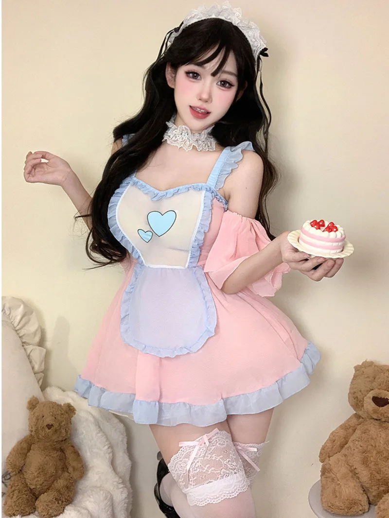 

Pink Sweet Cute Girl Mini Dress Sexy Pure Desire Maid Sweet Camisole Dress Elegant Cosplay Sheer Seduction Maid Korean QQ1A
