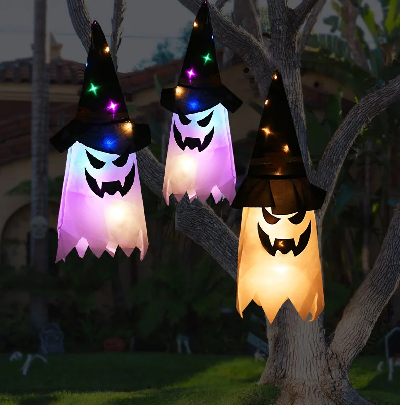 Halloween Decoration Ghost LED Lights Glowing Horror Props Ghost Witch Hat Hanging Lamp Happy Halloween Party Home Outdoor Light