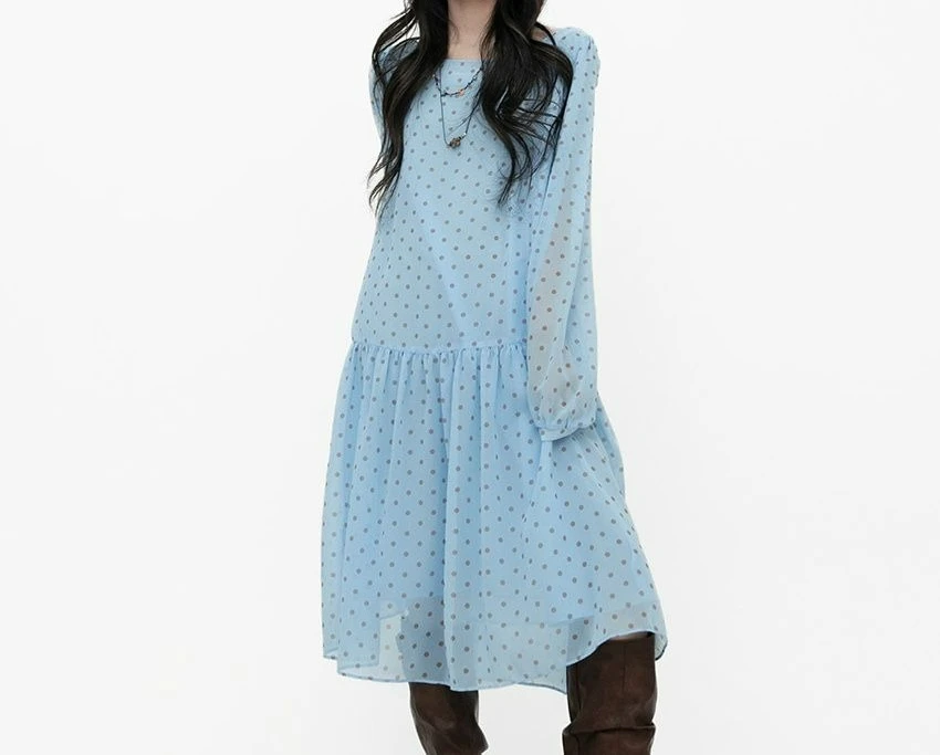 Retro Crew Neck Chiffon Long-sleeved Dress New Polka Dot Age Reduction Temperament Gentle Woman