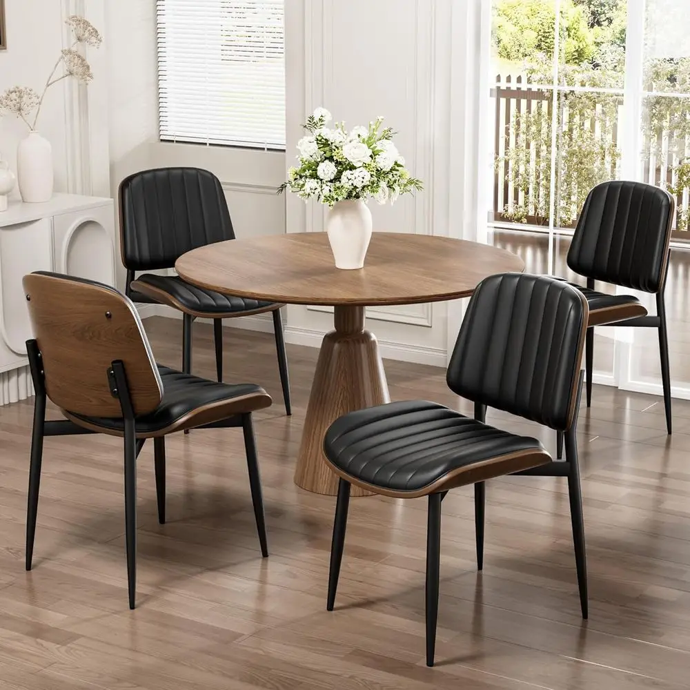 

Mid-Century Modern Upholstered PU Leather Dining Chairs Set of 4 with Walnut Bentwood Backs and Metal Legs, Suitable for Living