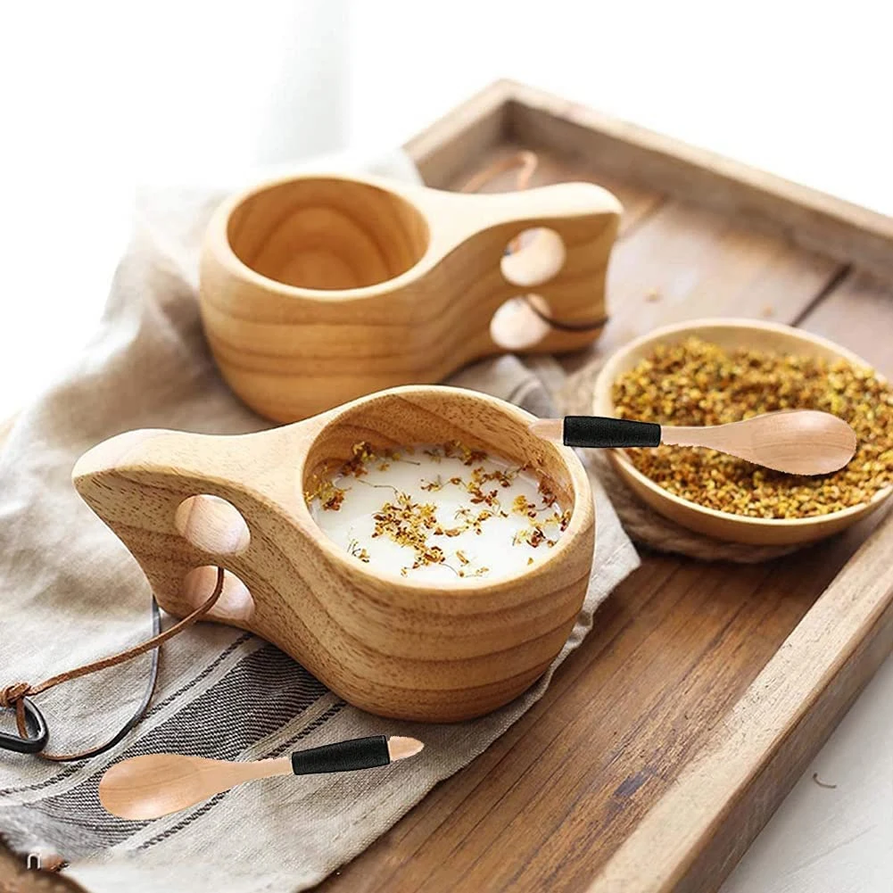 2Pack Nordic Style Wooden Cup Kuksa Cup Portable Outdoor Camping Drinking Mug Wooden Coffee Cup with Wooden Spoon