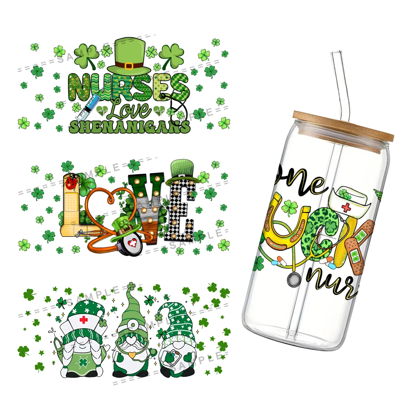 St. Patrick's Day Theme 3D Waterproof UV DTF Cup Wrap for 16Oz Libbey Nurse Glass Can DIY Transfer Sticker