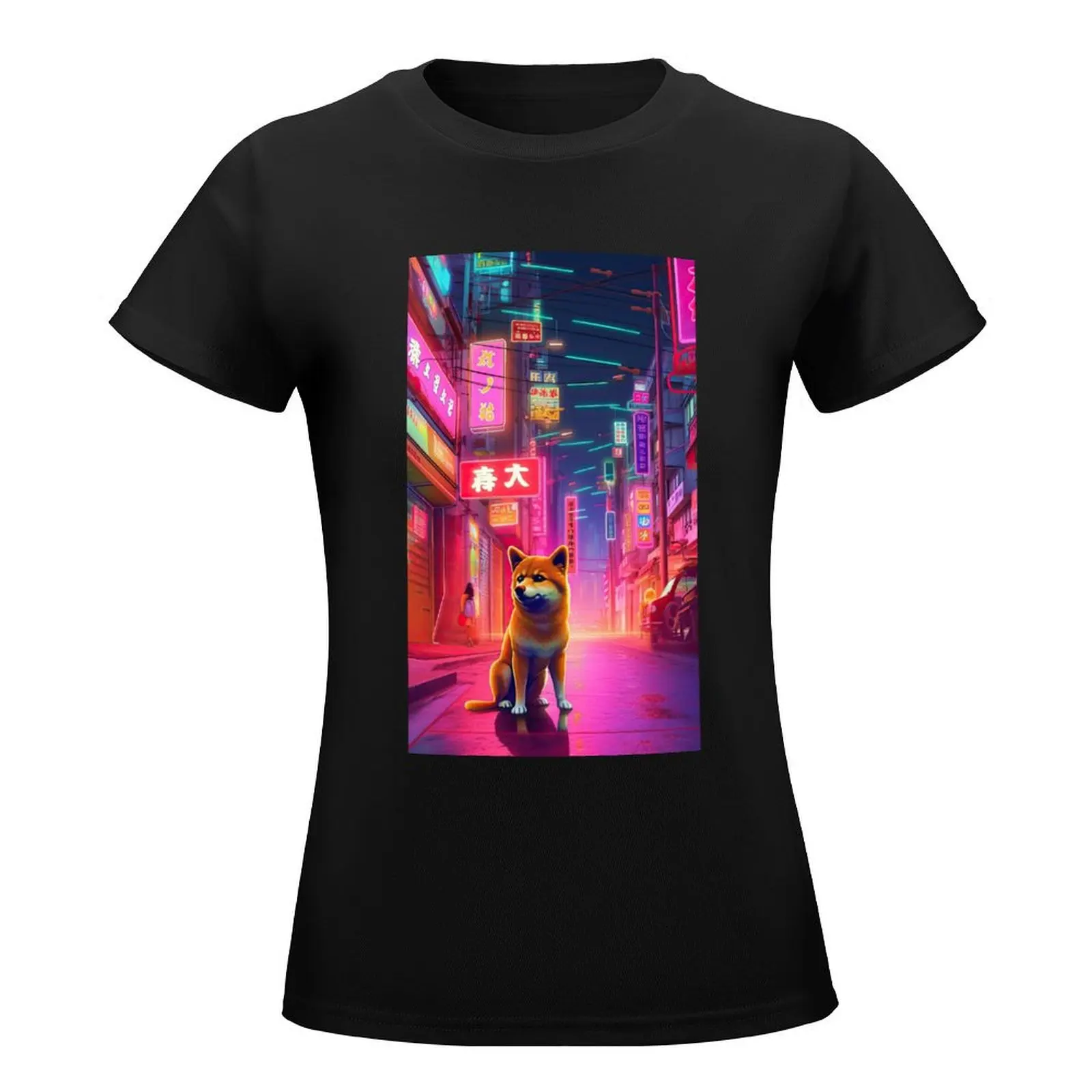 Shiba Inu explores a Neon Lit Street T-Shirt cute tops aesthetic clothes tees hippie clothes luxury designer clothing Women