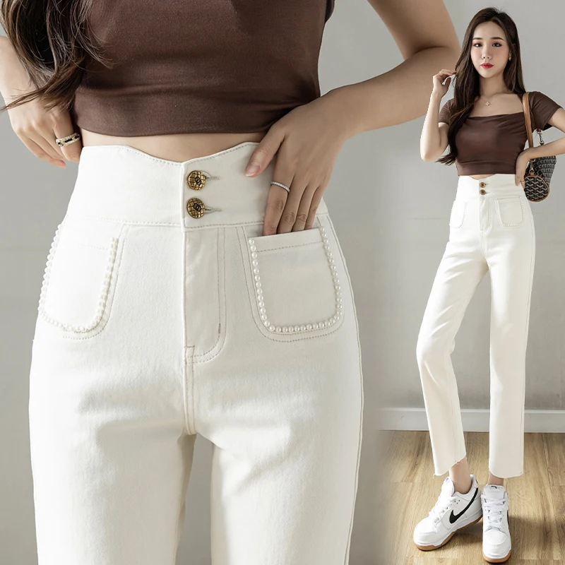 Pearl pocket White Women Jeans Single-breasted Pocket Street Pencil Pants Ladies Elastic Denim Korean Office Vintage Bottoms