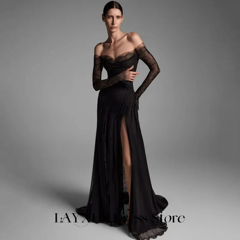 

LAYXHS Sexy Evening Dresses Black Lace Off the shoulder Long sleeves Side Slit Mermaid Prom Dresses Customized robe de soirée