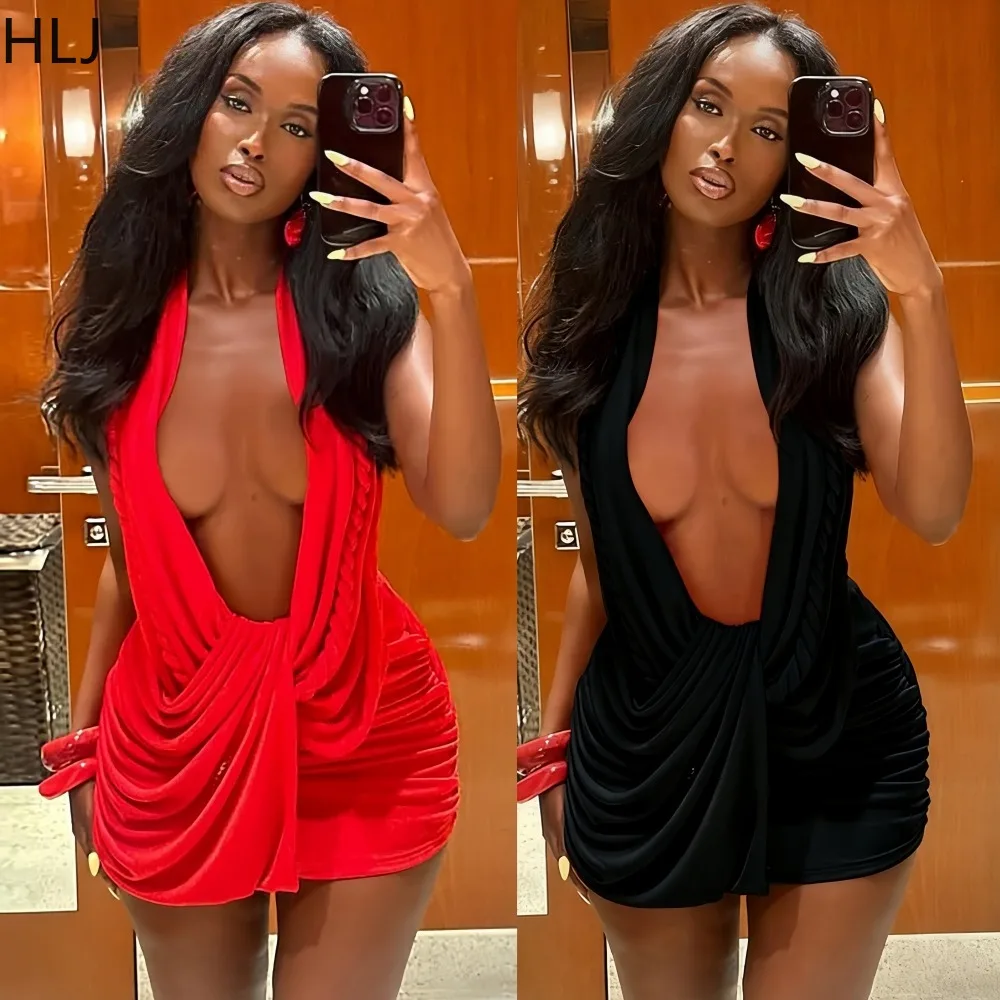 

HLJ Sexy Ruched Patchwork Bodycon Dresses Woman Solid Color Halter Sleeveless Backless Dress Female Streetwear Vestidos New