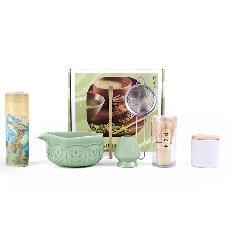 

Japanese Ru Kiln Set Song Dynasty Matcha 7pc Sunflower Chawan Tea Caddy 100Prong Whisk For Gift Giving Deluxe Package
