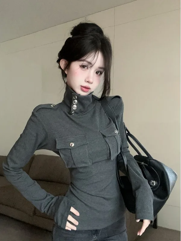 

Retro Hong Kong Chic Knitted High Neck Slim Fit Elastic Bottom Shirt with 3D Pocket Women's Base Shirt Stylish And Elastic