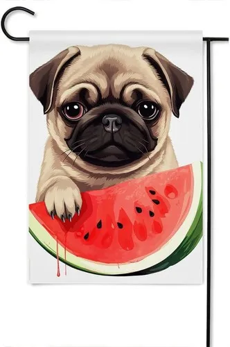 Brown Pug Dog Red Watermelon Welcome Garden Flag Double Sided, 12x18 Inch XXQ