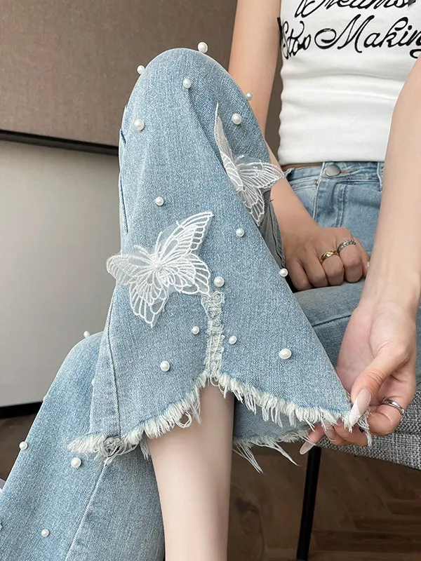 

Slimming Casual Loose Women's Bell Bottom Jeans High Waist Denim Knot mid Stretch Spring Summer New Style Fashionable
