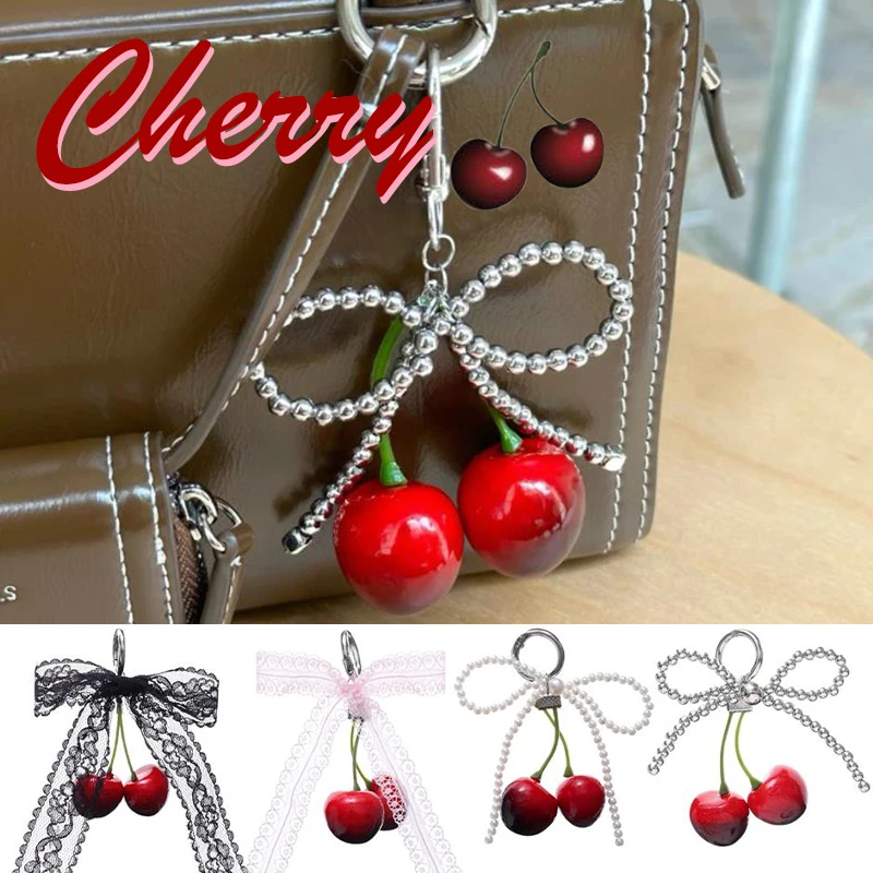 Fashion Pearl Lace Bowknot Keychain Hanging Cherry Pendant Keyring Charm Jewelry For Girl Women Gift Backpack Decoration