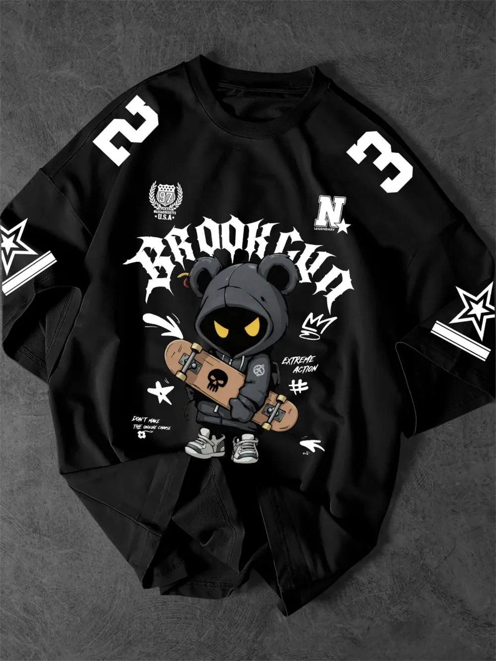 American men's summer skateboarding bear Brooklyn letter print soft and breathable round neck T-shirt outdoor street top