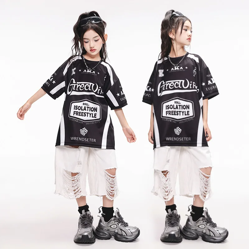 

Kid Cool Hip Hop Clothing Black Letter Print T Shirt White Casual Distressed Shorts for Girl Boy Jazz Dance Wear Costume Clothes