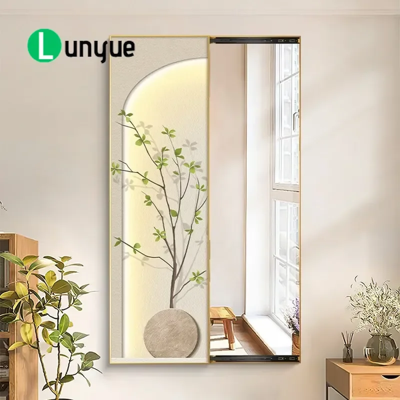 Push Pull Hidden Full Length Mirror Dressing Painting Creamy Style Wall Art Decor for Living Room Bedroom Porch Space Saving