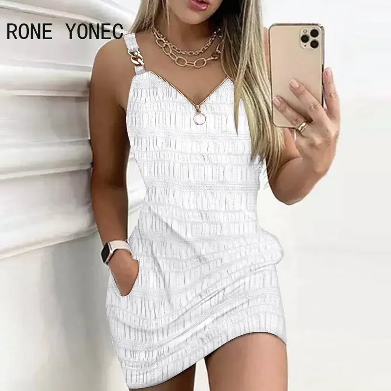 Women Sexy Solid Chain Decor Straps Zipper Decor Sleeveless Mini A Line Sexy Dresses