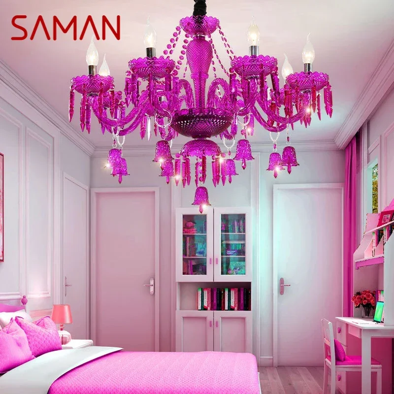 

SAMAN European Style Crystal Pendent Lamp Purple Candle Lamp Luxurious Living Room Restaurant Bedroom Clothing Store Chandelier