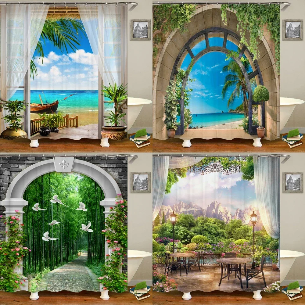 

Waterproof Fabric 3D Shower Curtain Bathroom Curtain Rural Garden Beach Flower Landscape Polyester Bath Curtain With Hooks