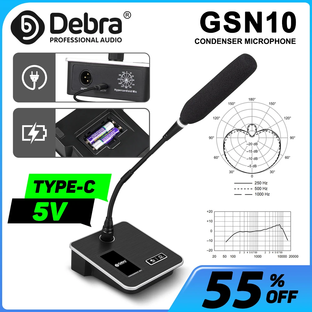 Debra GSN10 Professional Gooseneck Condenser Microphone, Desktop PC Microphone for Live Broadcast Recording, Conferences, Gaming