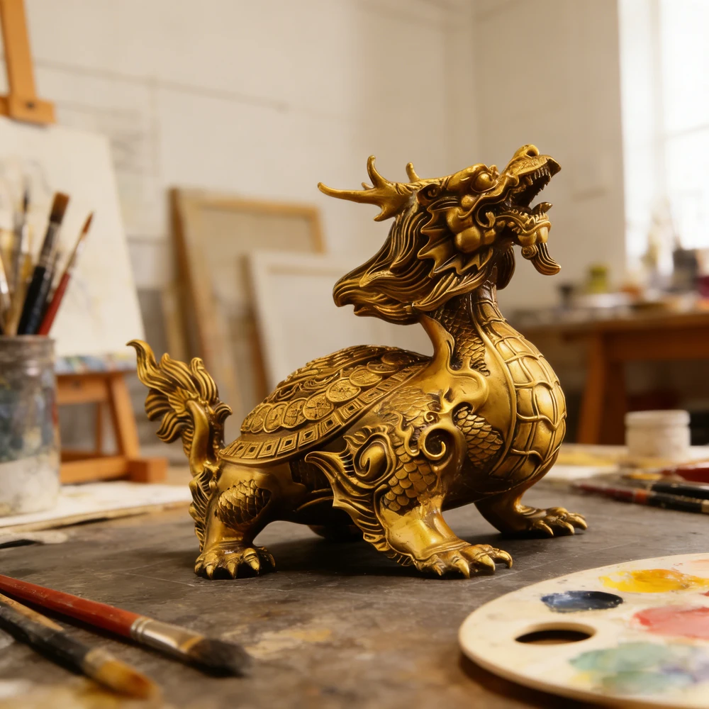 Brass Dragon Tortoise Desk Ornament Desktop Decorative Crafts for Feng Shui Wealth & Protection Home Office Artware Decor Statue view 5