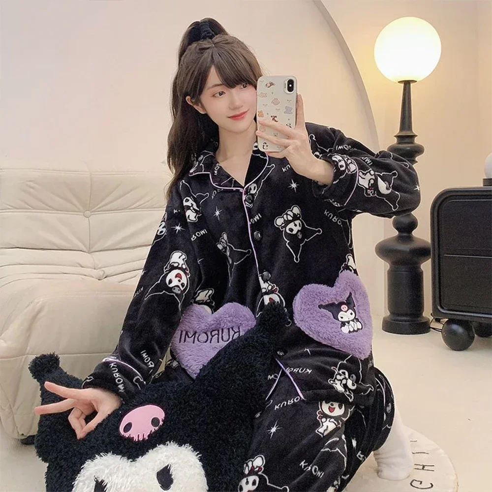 Anime Kuromi Couple Plush Pajama Set Sanrioed Cartoon Hello Kitty Coral Velvet Men Women Sleepwear Cute Warm Winter Homewear