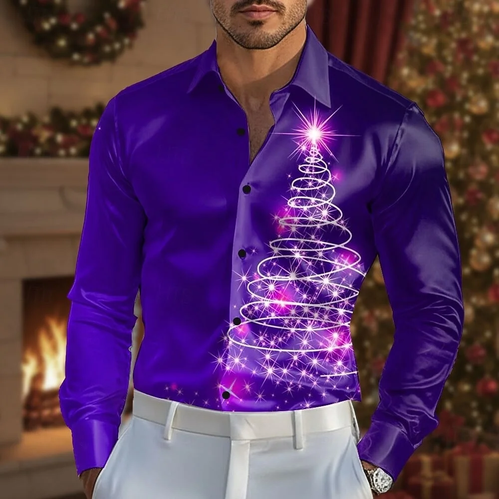 

Men's Long Sleeved Button up Shirt 3D Printed Christmas Tree Collar Fashion Holiday Party Role-Playing Clothing