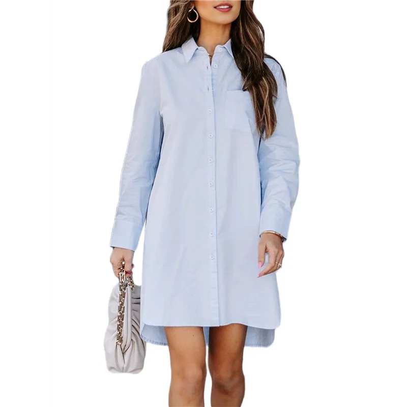 CGS-Women's Casual Loose Fit Long Sleeve Solid Striped Button Down Shirts Dresses Blue M