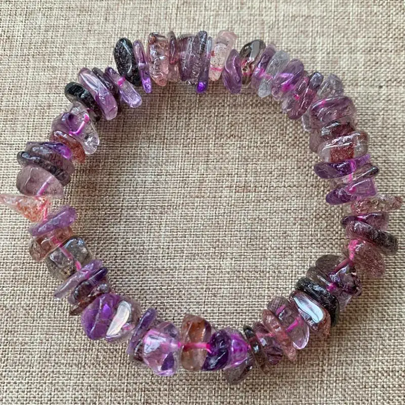 Super Seven Quartz Tumbled Chip Bracelet Golden‑Strawberry Inclusion Free‑Form Energy Women Crystal Jewelry Gift