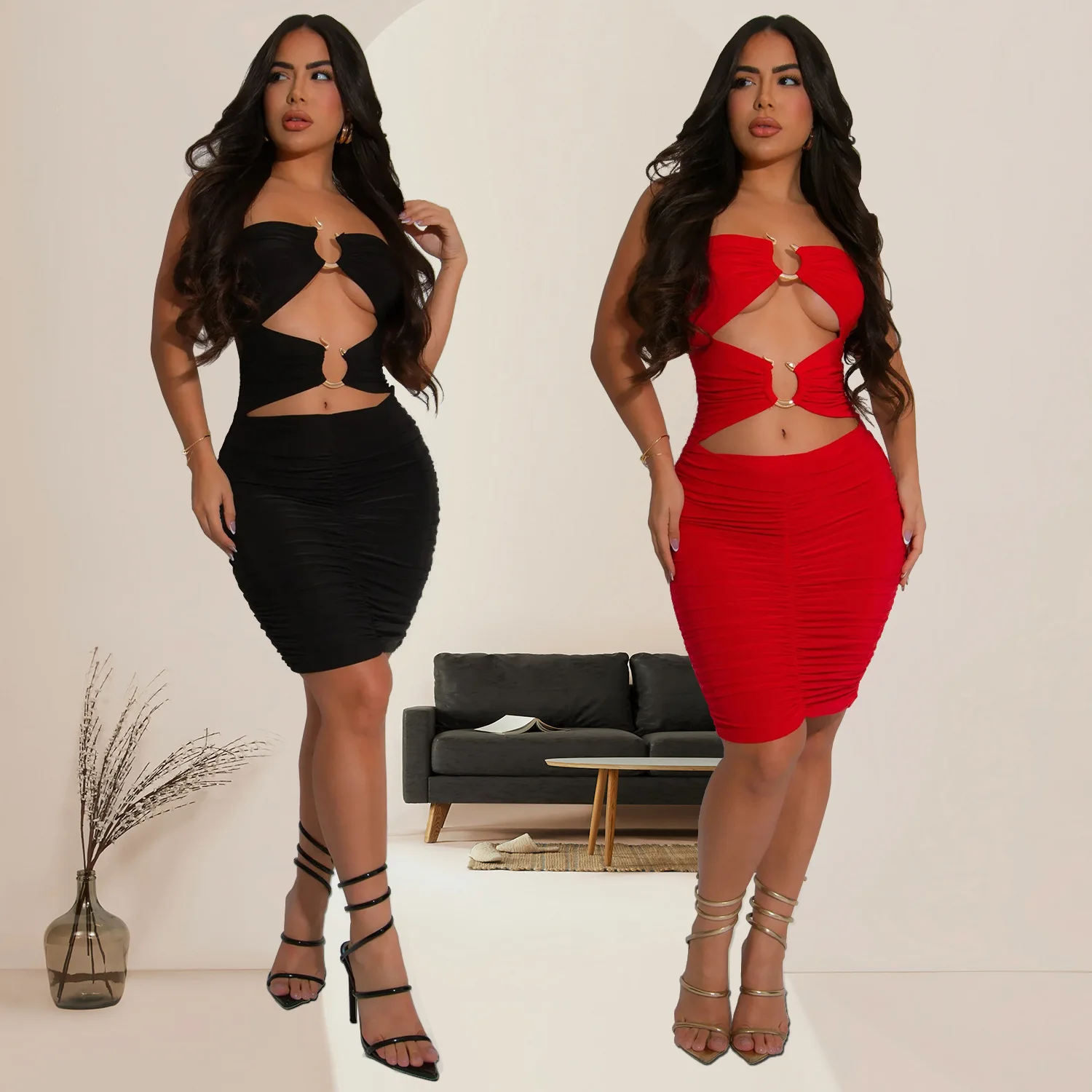 

C7249 Sexy Metal Ring Hollow Out Bodycon Rompers Womens Jumpsuit Night Club Outfits Skinny One Piece Overalls