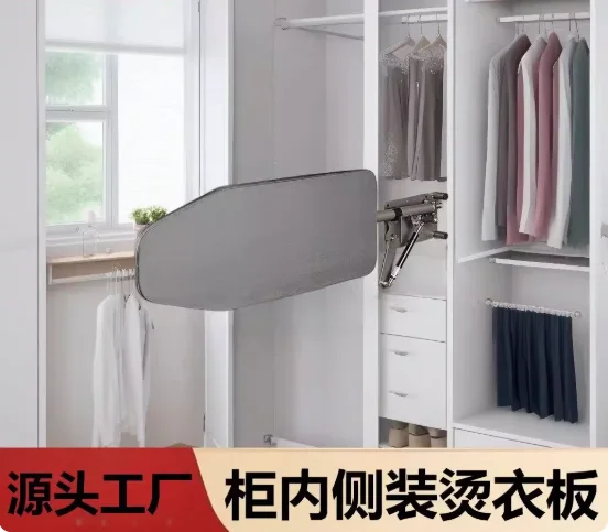 Wardrobe-Side Mounted Ironing Board with Hidden Electric Iron Holder Retractable Dampened Folding Ironing Board for Walk-In Clos