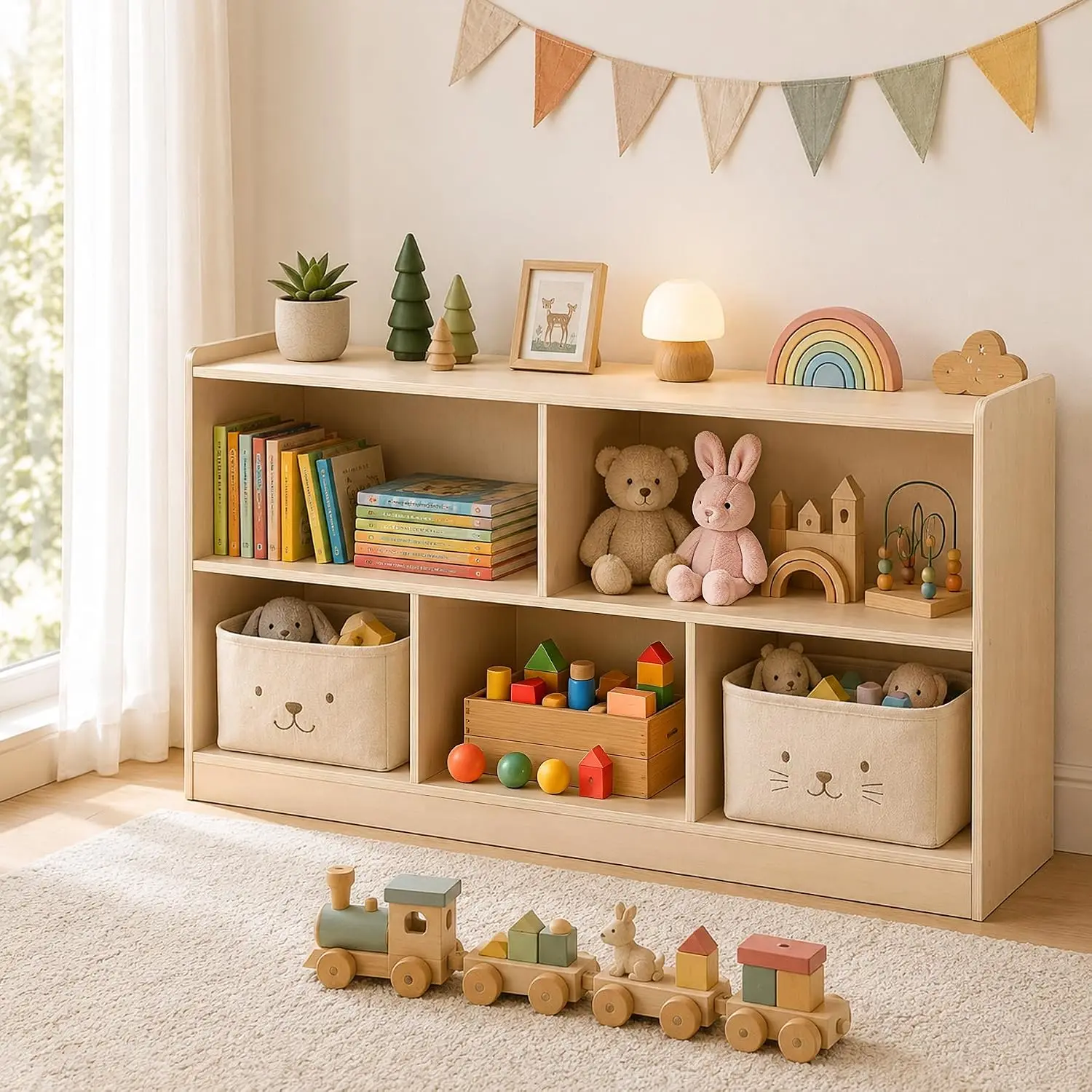 Wooden 5-Section Montessori Toddler Cabinet with 2-Tier Bookshelf and Toy Storage Organizer, Kids Book Display for Playroom, Nursery, Bedroom, Classroom