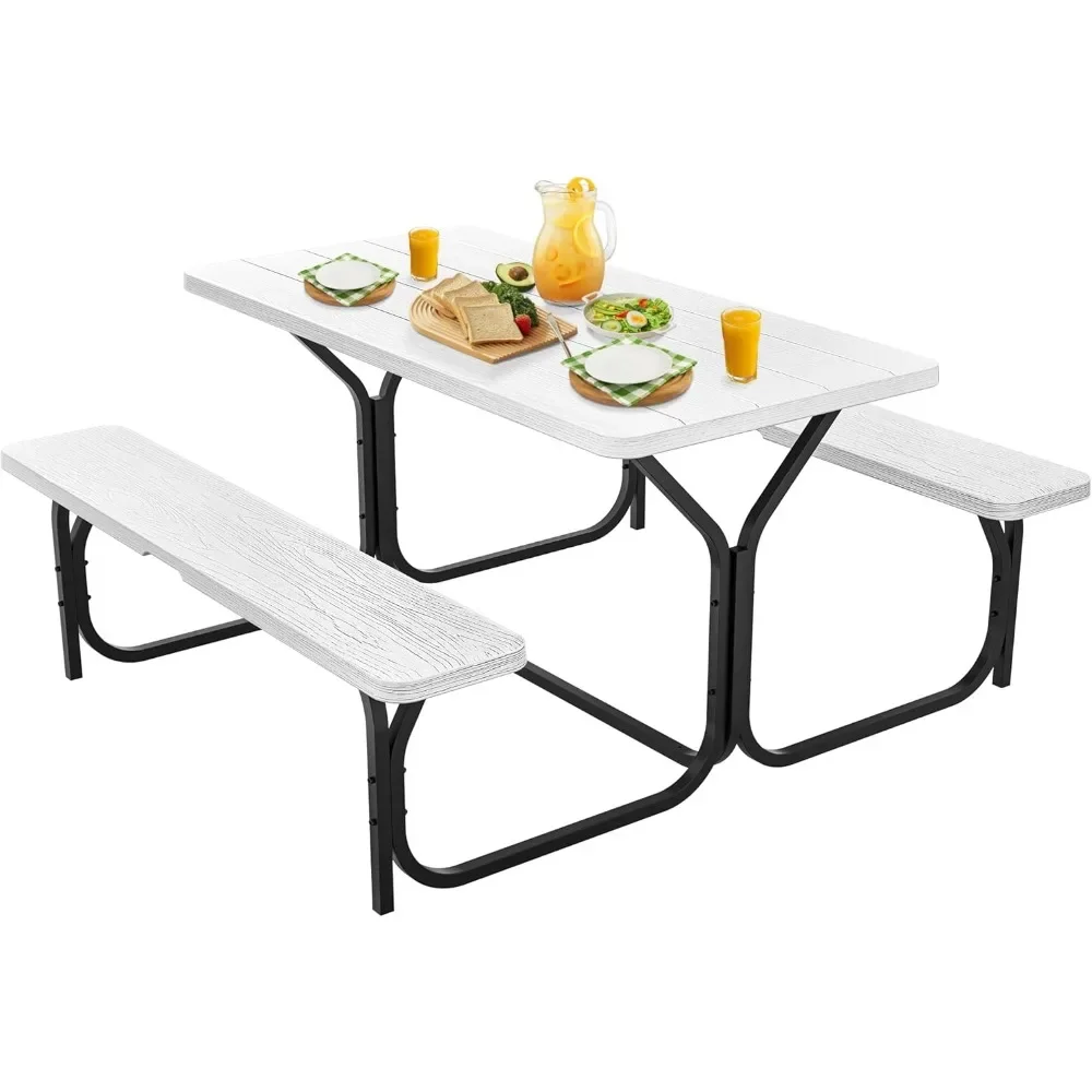 

Heavy Duty Outdoor Picnic Table and Bench Set, Weather-Resistant Resin Tabletop & Sturdy Steel Frame