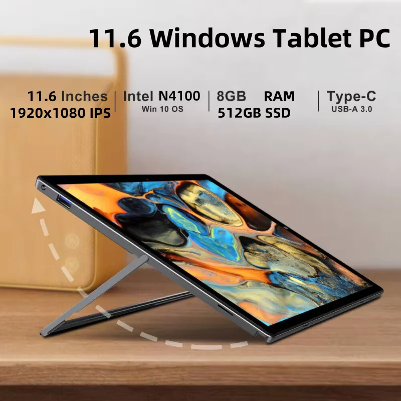 가장 저렴한 타입-C 11.6인치 윈도우 11 태블릿 8GB 램 512GB SSD 롬 64비트 인텔 셀러론 N4100 CPU 1920x1080 IPS 2xUSB 3.0