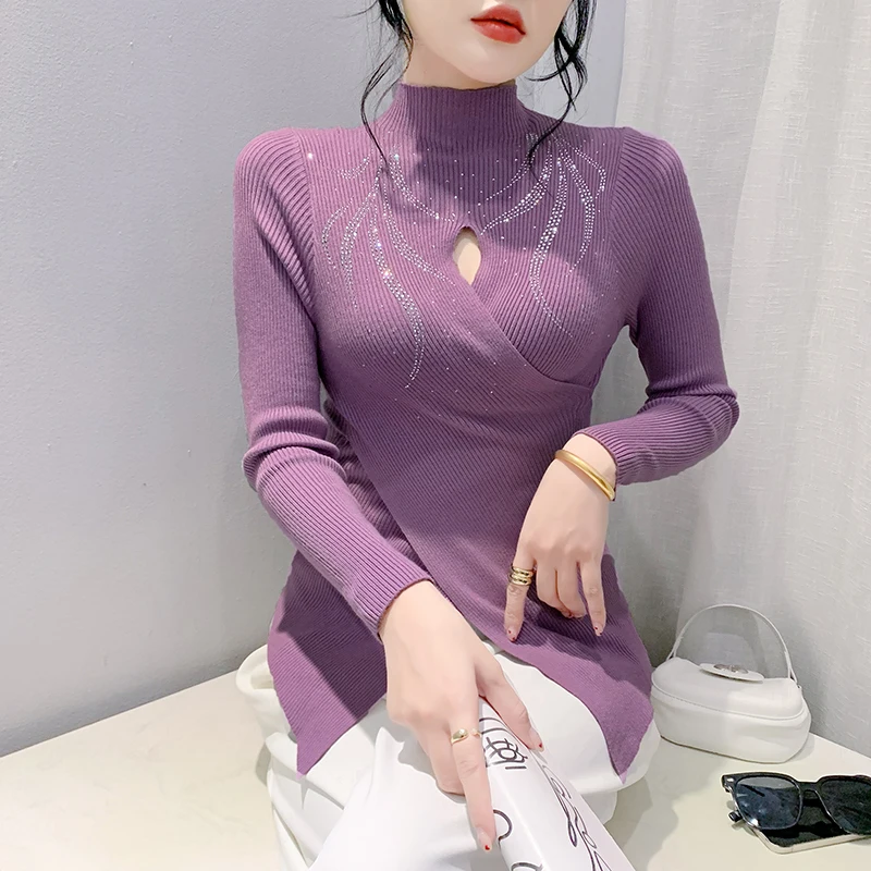 

Autumn Winter Long Sleeved Half High Neck Knitted Sweater Fashion Casual Hot Diamond Hollow Out Women Pullovers