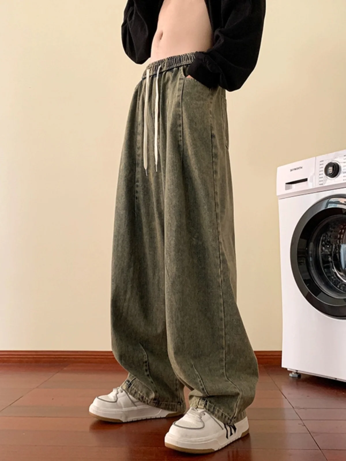 

Retro Weathered Mud Color Men's Jeans American Washed Drapey Wide Leg Loose Casual Long Trousers Trendy High Street Style