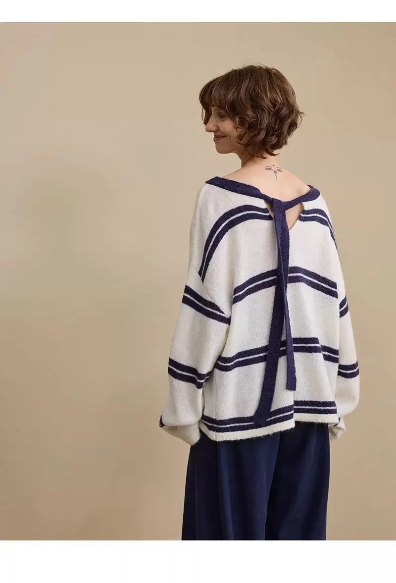 قميص أنيق متعدد الاستخدامات محبوك بشريط مخطط وحجب الألوان للنساء