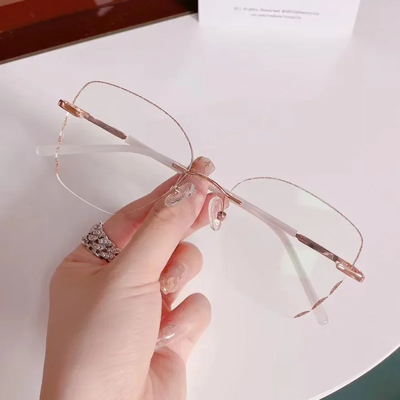 Diamond Trimming Glasses Frameless Cosmetic Mirror Women Diamond Cut Border Blu-ray Computer Glasses Prescription Customization