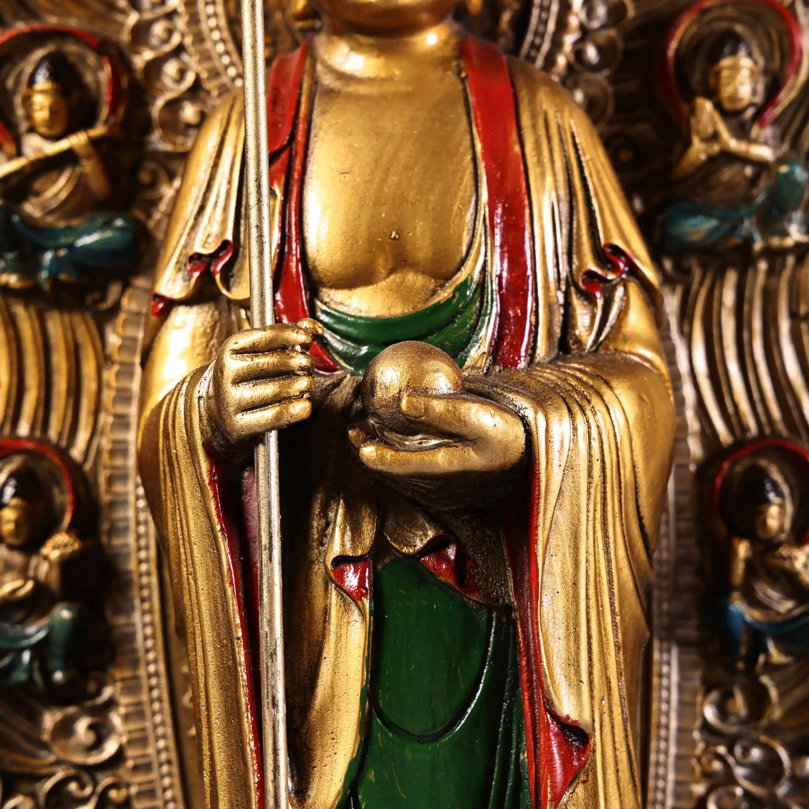 Standing Bronze Painted Gilt Ksitigarbha Bodhisattva Statue Serene Face Heavy Patina Fine Craftsmanship Home Decor Collectible