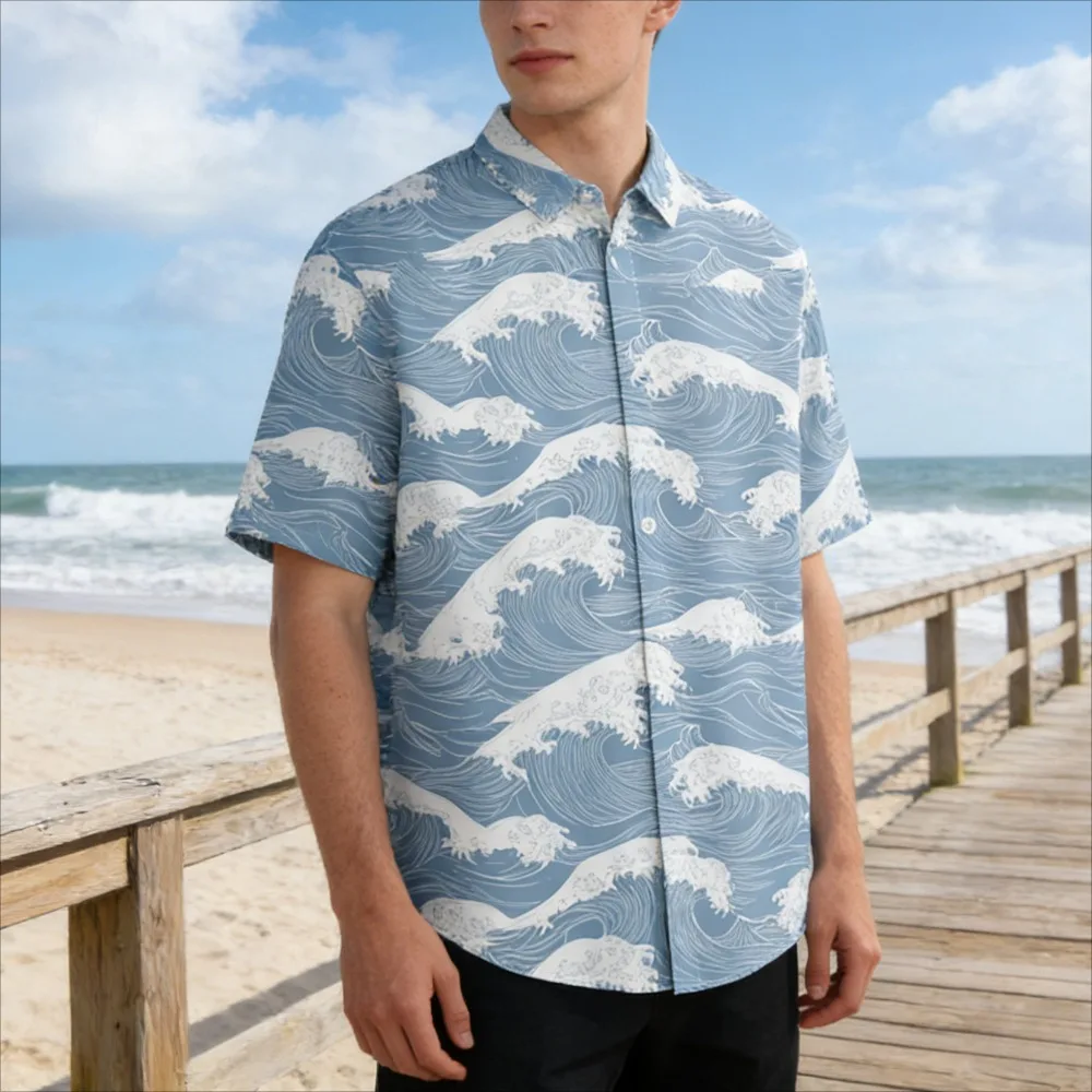 Men Short Sleeve Casual Beach ​Hawaiian Shirt Blue White Sea Wave Print Summer Shirt Lightweight Button Down Shirt for Vacation
