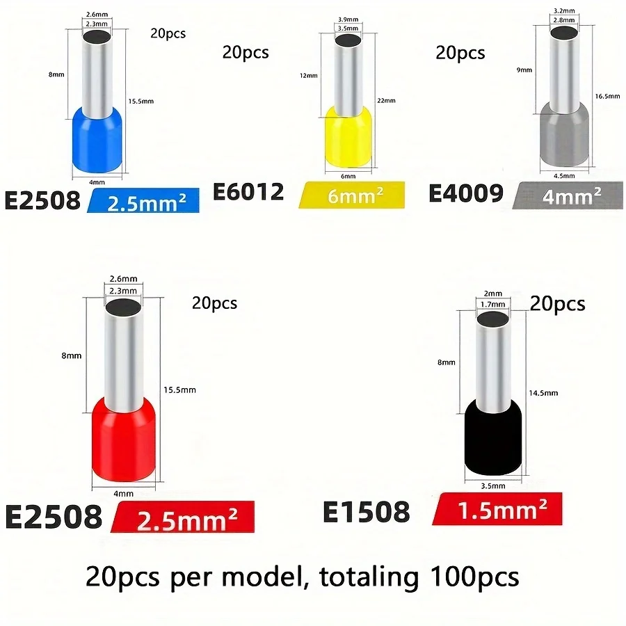 Terminali per tubi elettrici da 100 pezzi adatti al connettore del cavo del cavo del blocco tubolare VE