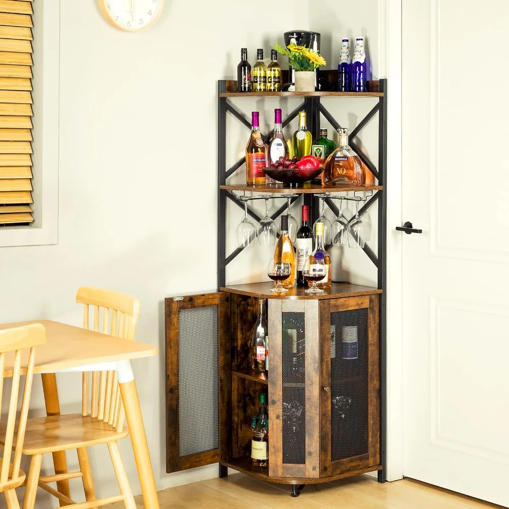 Bar Cabinets,With LED Lights, 5-Tier Industrial Wine Cabinet with Glass Holder, with Adjustable Shelf, Bars Display Cabinets