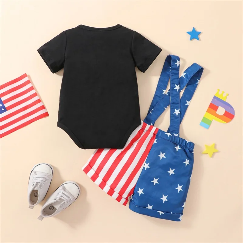 

Baby Boy 4th Of July Outfits Suspender Short Set Short Sleeve Romper Star Striped Print Suspender Shorts