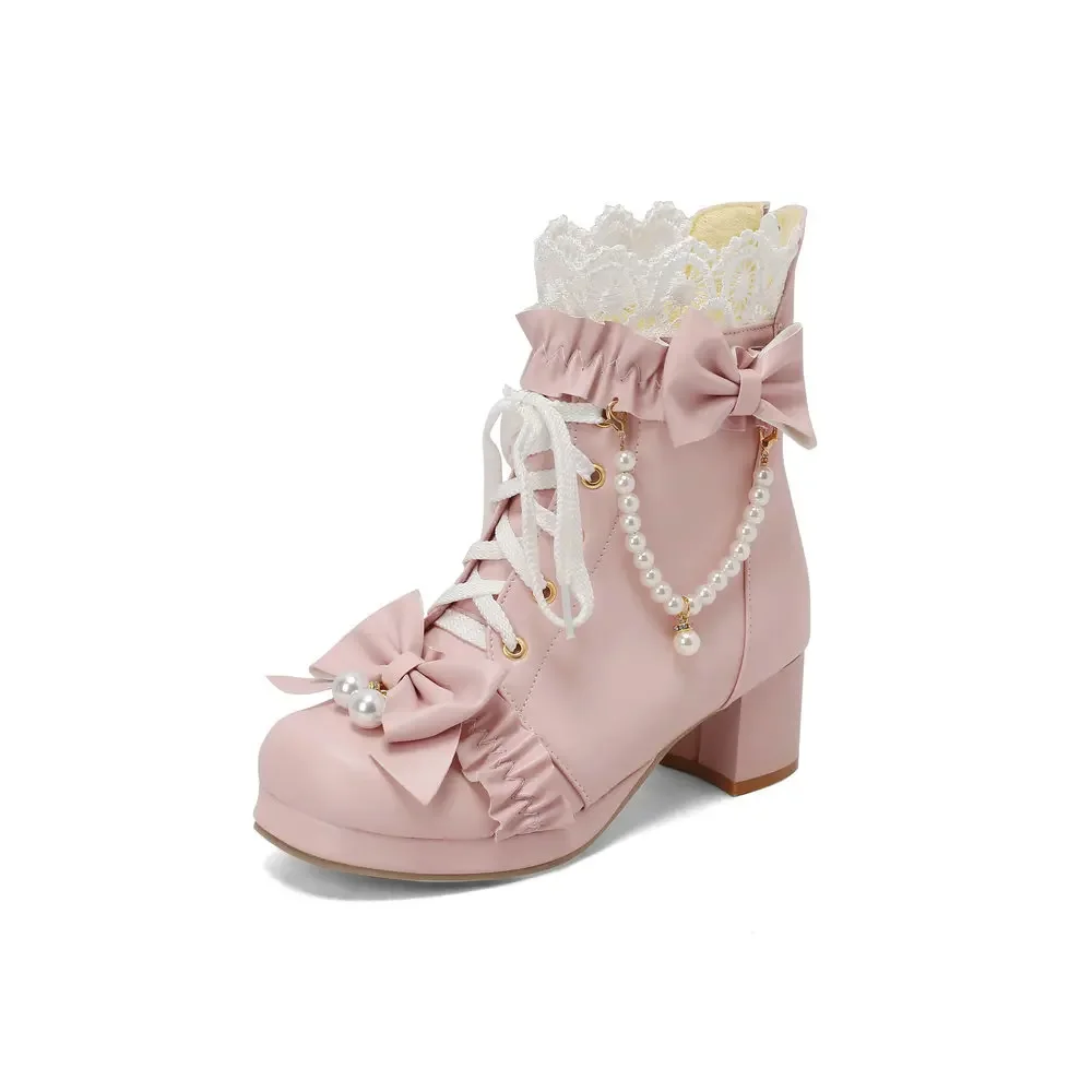 

Fashion Bow Ankle Boots Lace Up Chunky Heel Sweet Lolita Shoes Sissy Men Halloween Cosplay Princess Maid Booties String Bead