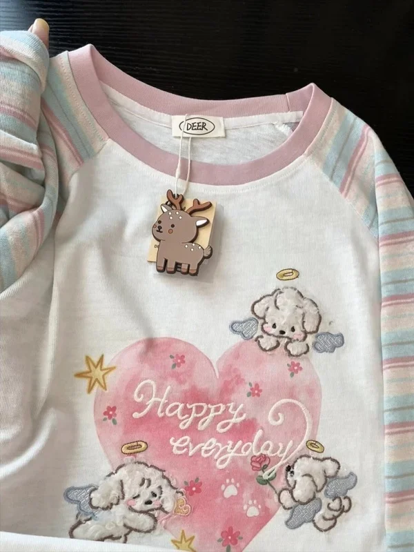 Sweet Style Long Sleeve T-Shirt Women's Bear Embroidery Color Block Stripes Top Casual Loose Fit Autumn Fashionable Shirt
