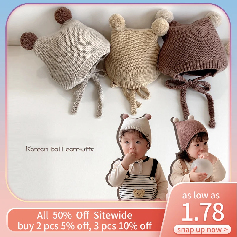 Pompom Baby Beanie Infant Autumn Winter Warm Crochet Bonnet Toddler Ear Protection Pullover Cap Children Solid Color Knitted Hat